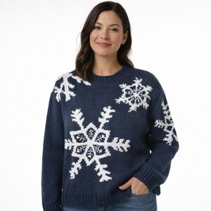 Liz Claiborne Snowflake Sweater Women’s Large Navy Blue White Chunky Knit